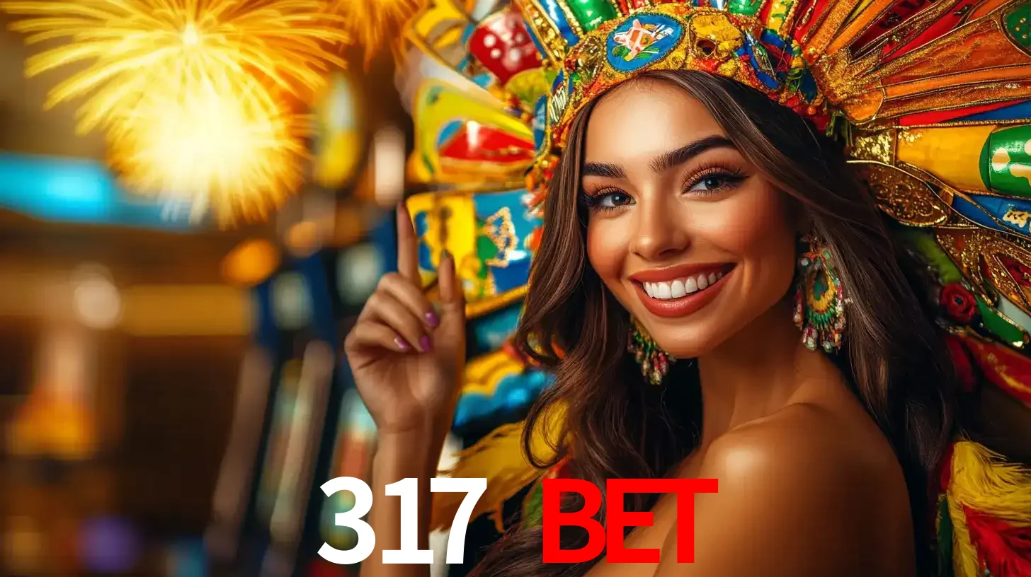 Mulher sorridente com um cocar de carnaval vibrante e colorido, celebrando uma grande vitória nos jogos do cassino 317 BET com fogos de artifício ao fundo.