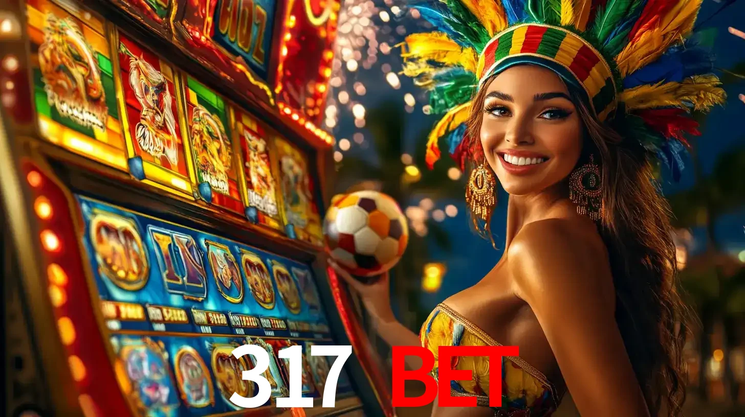 Mulher com um cocar de carnaval ao lado de uma máquina de caça-níqueis enquanto segura uma bola de futebol, mostrando a união da diversão de cassino e esportes no 317 BET.