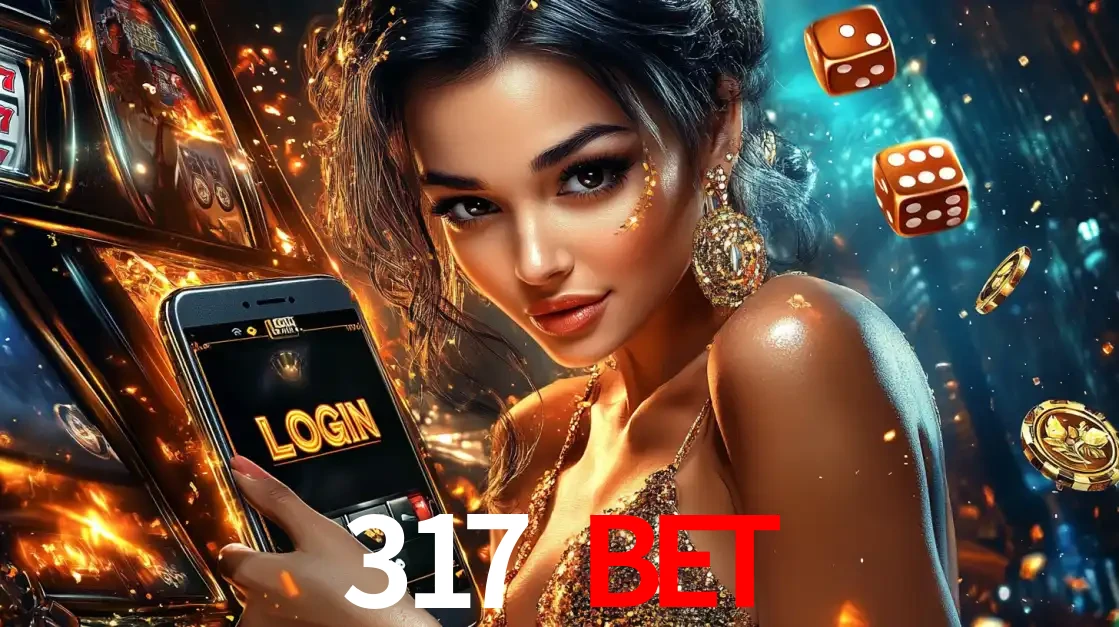 Mulher glamourosa segurando um celular com a tela de login do cassino 317 BET, rodeada por dados e moedas douradas, pronta para começar a diversão.
