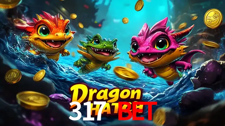 Arte promocional do jogo Dragon Hatch com três adoráveis dragões bebês nadando entre moedas de ouro, um dos slots mais divertidos para jogar no cassino 317 BET.