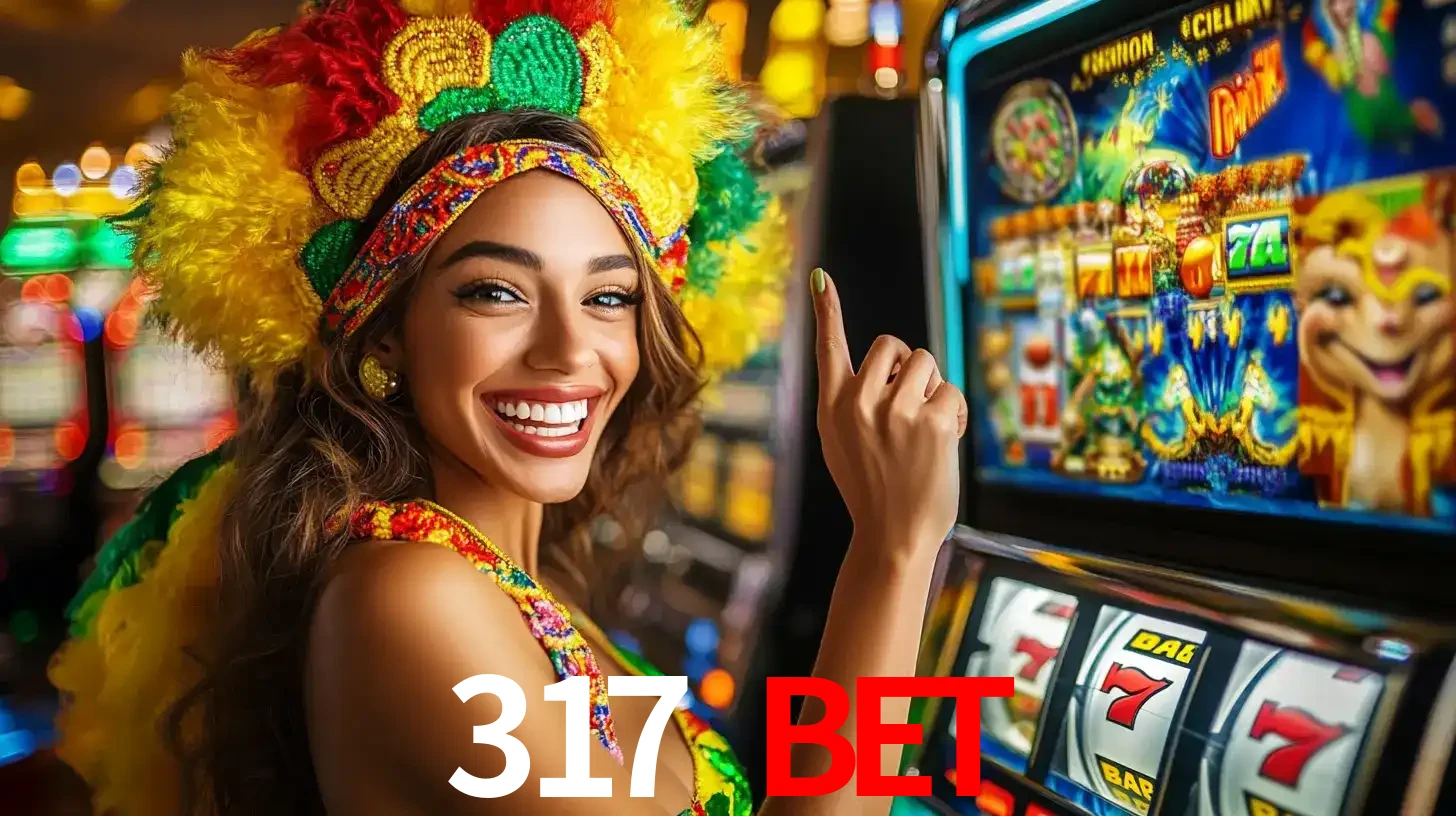 Mulher animada com um cocar de carnaval apontando para uma máquina de caça-níqueis, mostrando a emoção de ganhar um grande prêmio nos jogos do 317 BET.