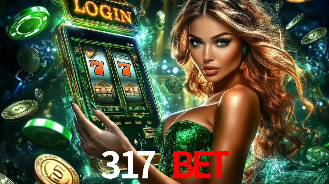 Mulher com tema verde apresentando o aplicativo do cassino 317 BET com um jogo de slot de 777, cercada por fichas de cassino e uma aura de sorte.