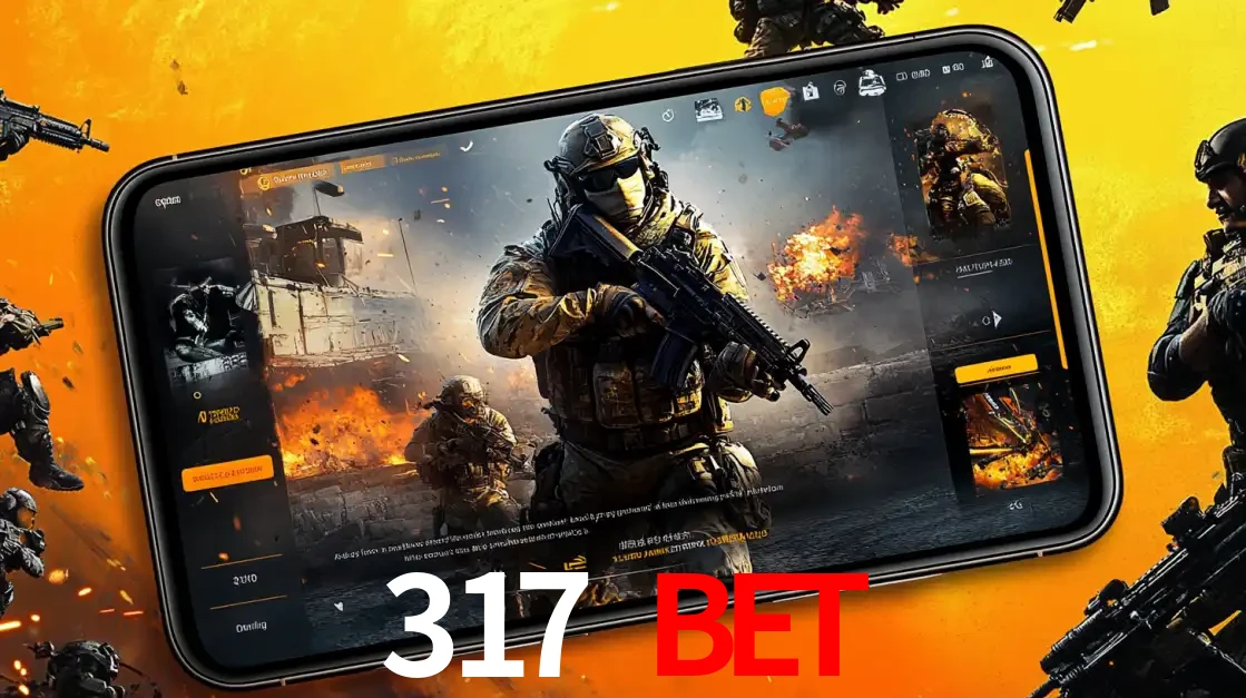 Um smartphone exibindo a interface de um jogo de tiro em primeira pessoa, com um soldado em um cenário de batalha, representando a ação dos e-sports para apostar no 317 BET.