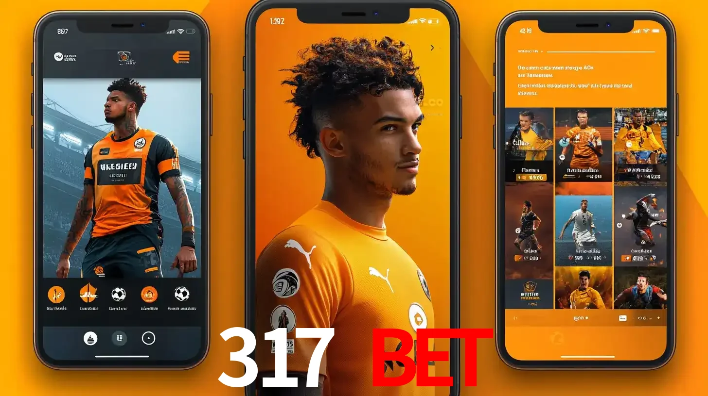 Interface do aplicativo de apostas esportivas 317 BET em três telas de celular, mostrando o perfil de um jogador de futebol e a lista de jogos disponíveis para apostar.