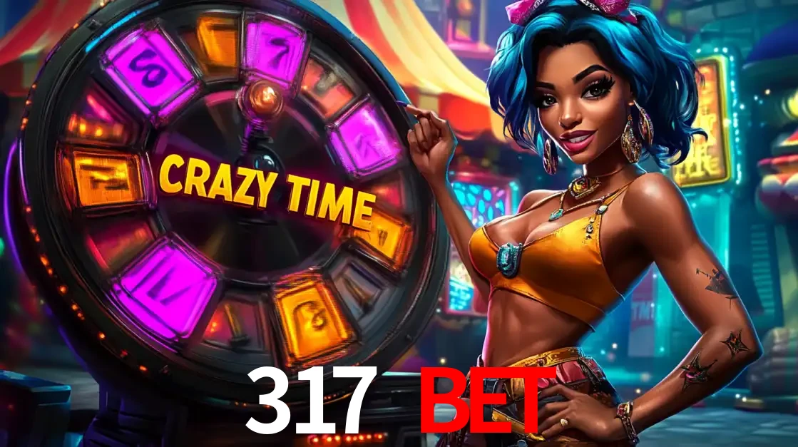 Mulher estilizada com cabelo azul e visual vibrante posando ao lado da roda de prêmios do game show Crazy Time, convidando para a diversão e os bônus do cassino 317 BET.