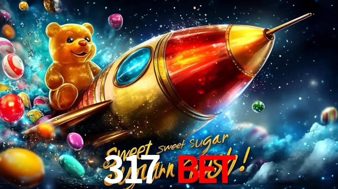 Arte promocional do jogo de slot Sugar Rush, com um urso de pelúcia em um foguete viajando pelo espaço de doces, um dos jogos divertidos disponíveis no cassino 317 BET.