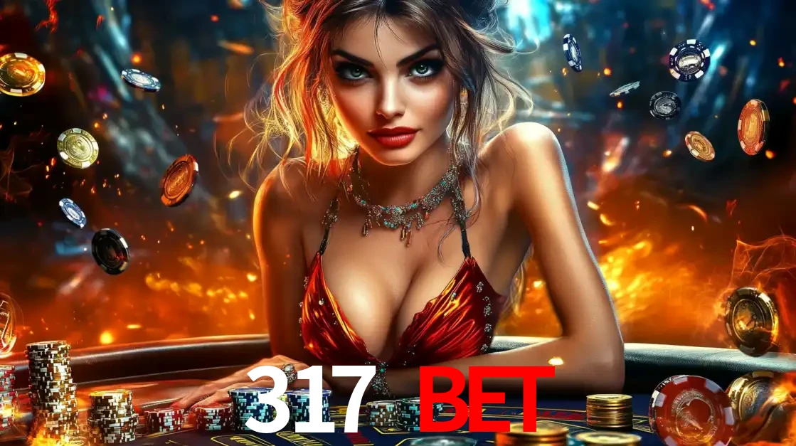 Mulher em uma mesa de cassino com pilhas de fichas e um fundo de fogo, pronta para uma rodada de altas apostas nos jogos de mesa emocionantes do cassino 317 BET.