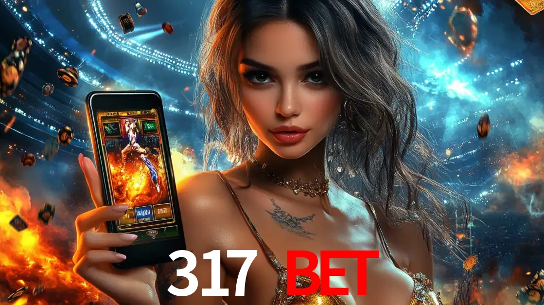 Mulher segurando um celular com um jogo de slot em destaque, tendo como fundo um estádio vibrante, simbolizando a emoção de jogar no cassino móvel 317 BET.