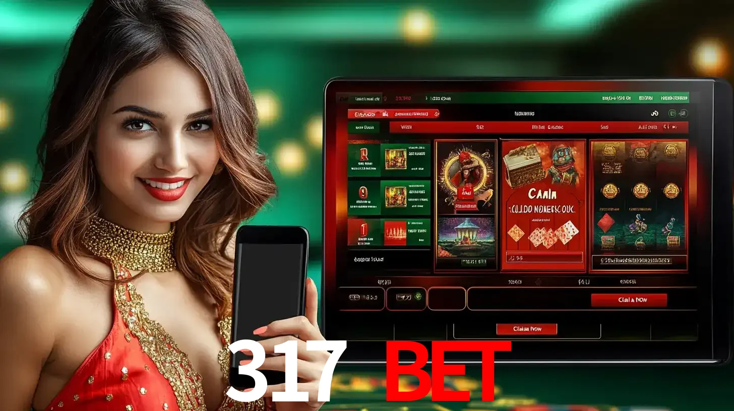 Mulher sorridente segurando um smartphone, ao lado de uma tela exibindo o lobby de jogos do cassino online 317 BET, com várias opções de jogos de cartas e slots.